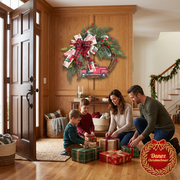 Christmas wreath in warm oak entryway with parents and children wrapping presents