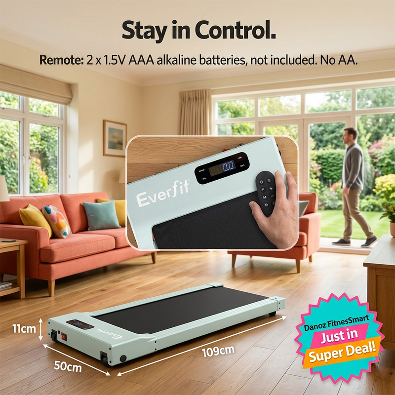 Green walking pad remote controls and AAA alkaline battery instructions