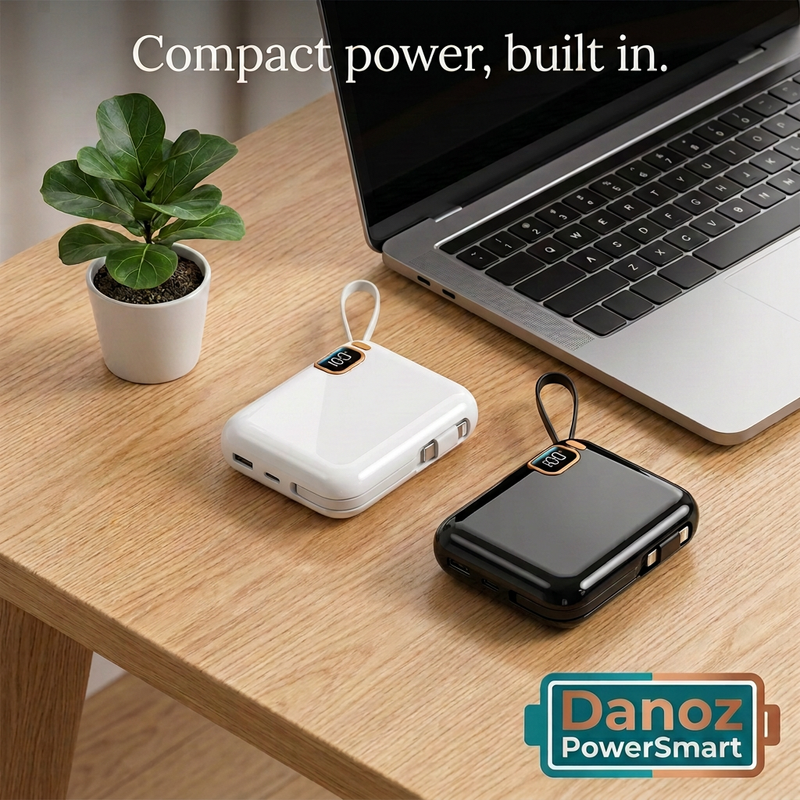 Compact White and Black PowerSmart power banks beside a laptop on an oak desk