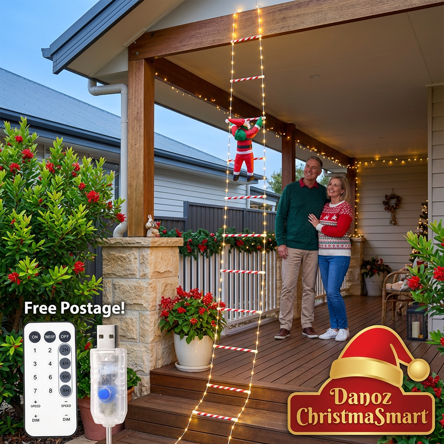 Santa ladder light on a covered porch with couple, remote and USB inset, Free Postage