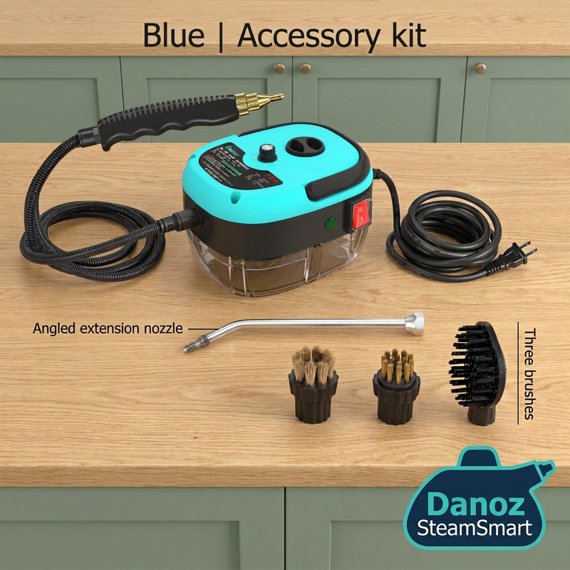 Blue SteamSmart with hose, angled extension nozzle and three brushes