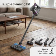 Purple Danoz CleanSmart vacuum and cleaning attachments in a living room