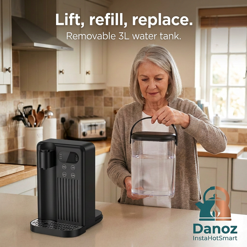 Older woman holding the removable InstaHotSmart 3L tank beside the small dispenser