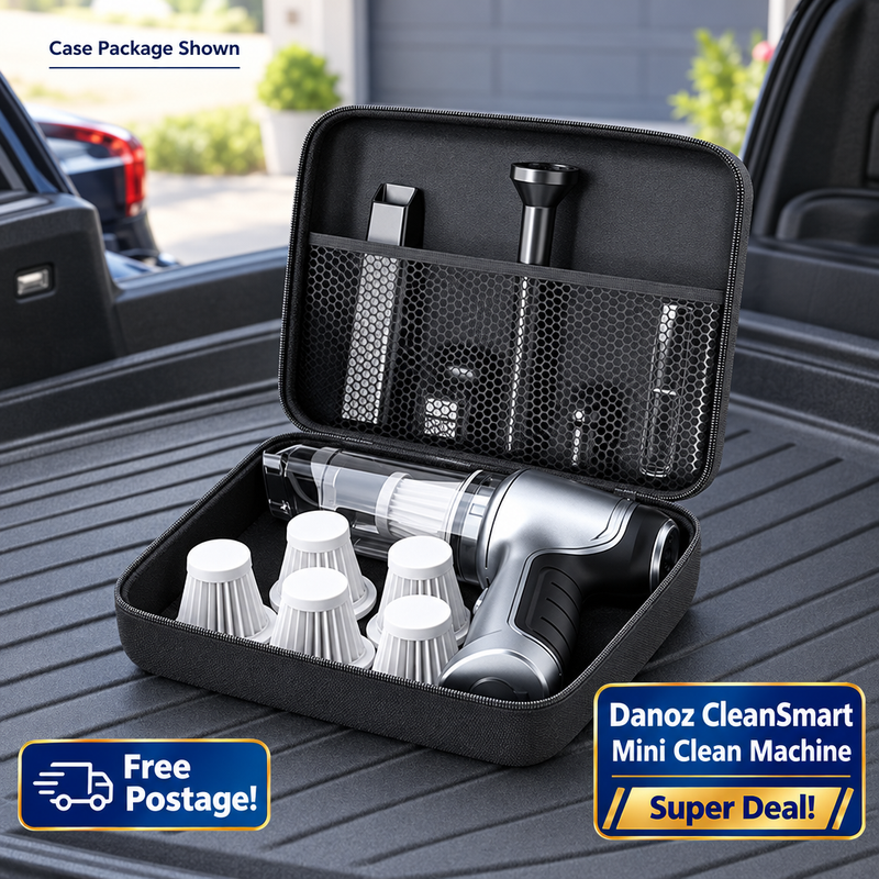 CleanSmart mini vacuum packed inside open EVA case with filters, attachments and Free Postage badge