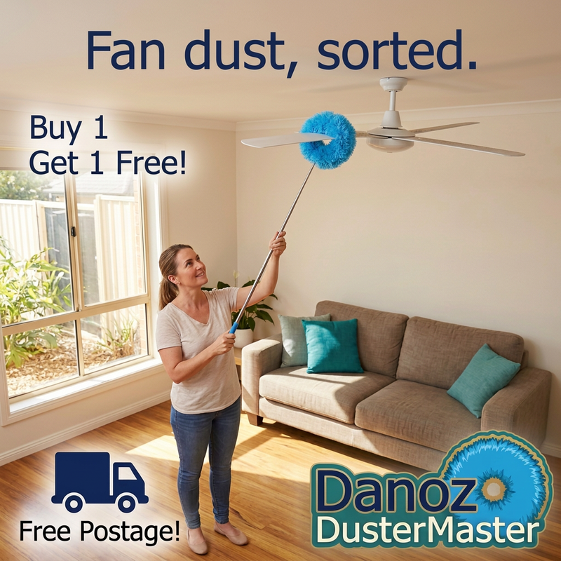 Woman on the floor dusting a ceiling fan in a real home, Buy 1 Get 1 Free and Free Postage truck
