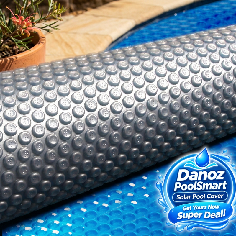 Danoz PoolSmart blue and silver solar cover close-up with blue water-splash badge