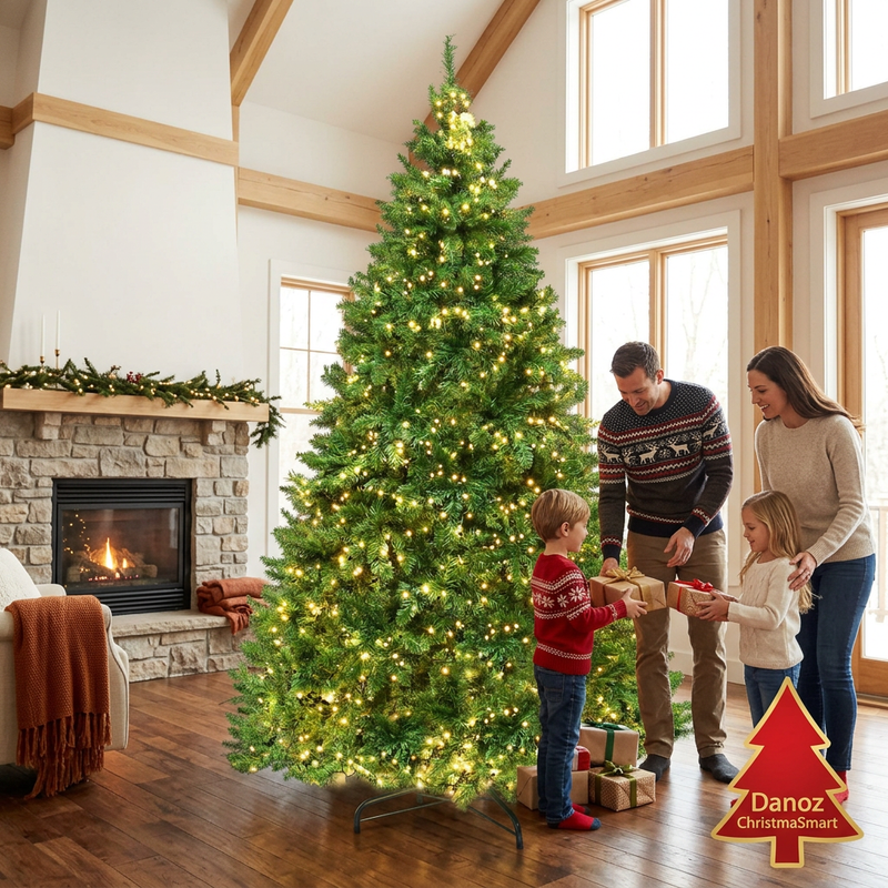 Family exchanging gifts beside the tall green Christmas tree