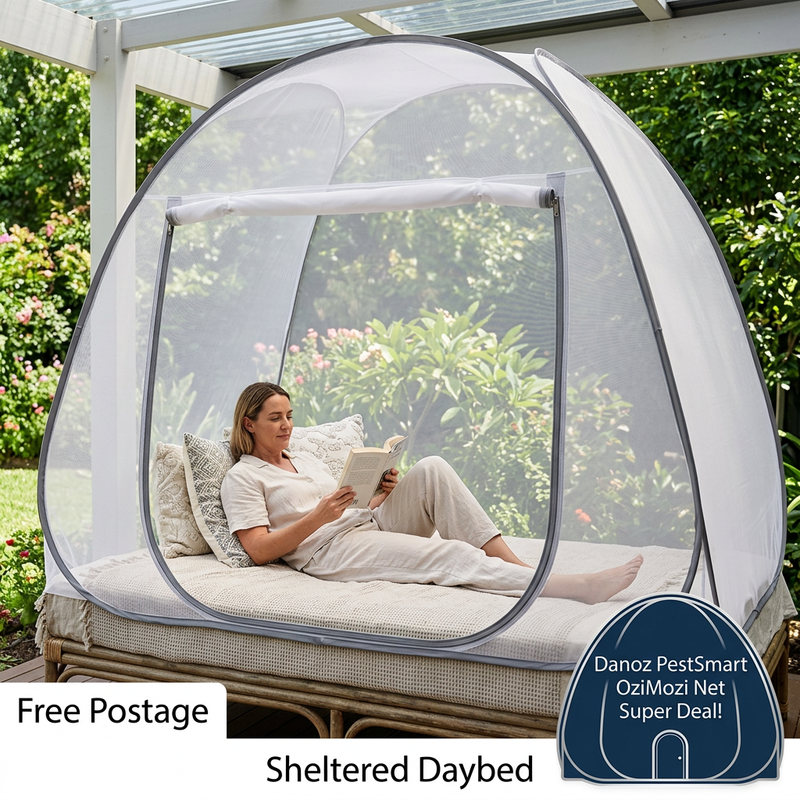 OziMozi mosquito net on a sheltered verandah daybed