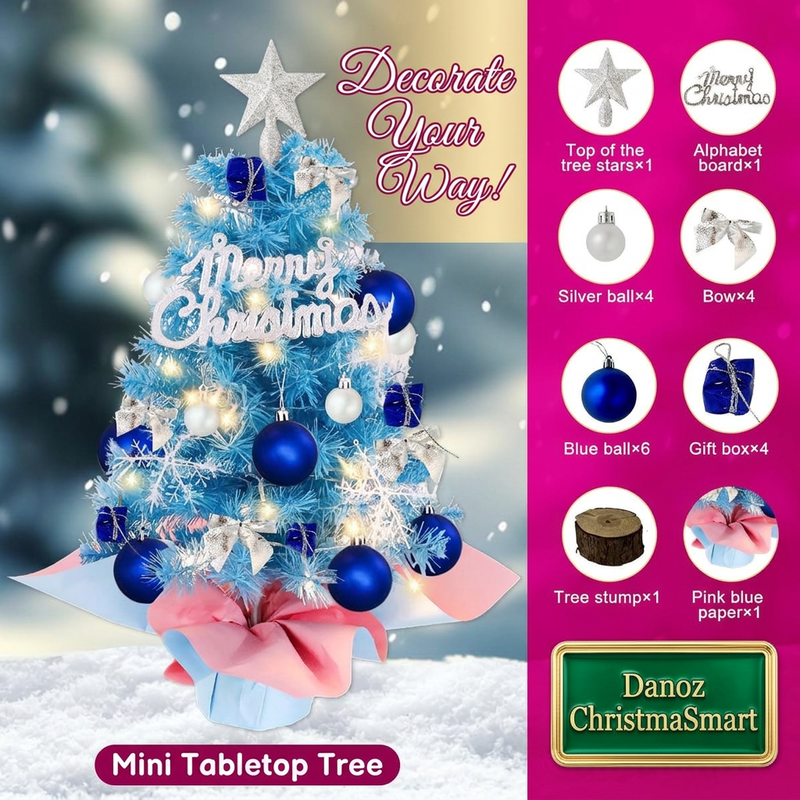 🎄 Danoz ChristmaSmart | Mini Blue Christmas Tree | LED String Lights & Decorative Ornaments | Tabletop Festive Sparkle | Free Postage!