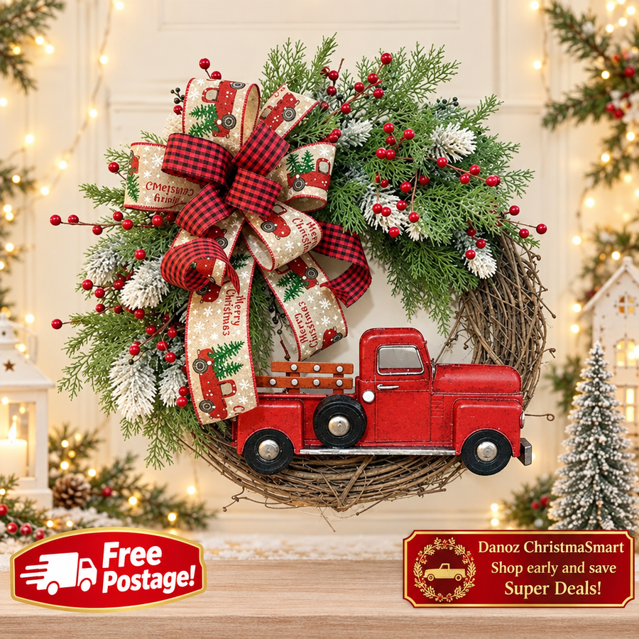 Vintage red truck wreath with Free Postage bottom left