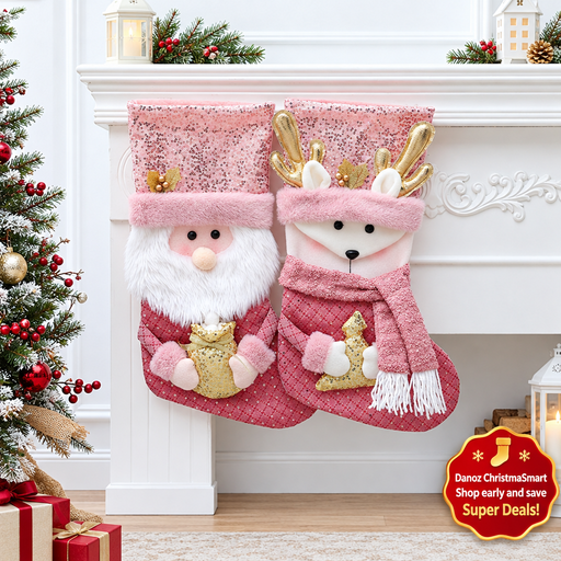 Pink Santa and reindeer stockings with ChristmaSmart badge