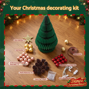 Included star, baubles, pinecones, ribbon, lights and decor clips