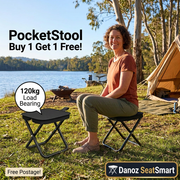 Woman seated on black Danoz PocketStool at lakeside campsite with second stool, Buy 1 Get 1 Free and Free Postage