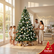 Family beside styled Christmas tree, decorations shown for styling and not included