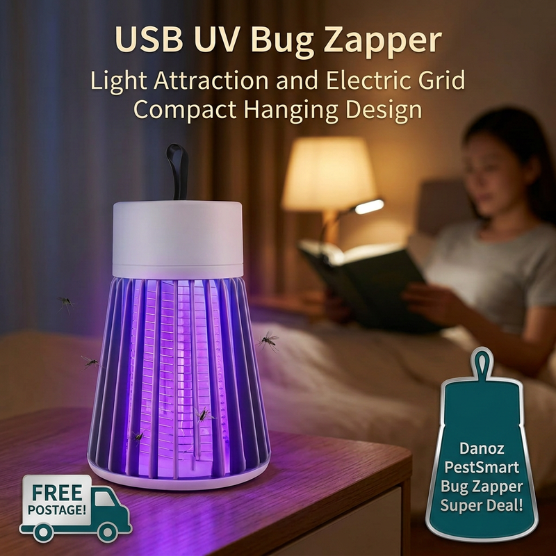 USB bug zapper hero with teal item-shaped badge and Free Postage truck