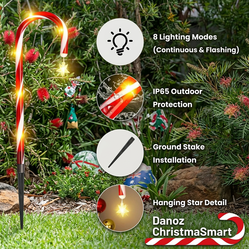 🎄 Danoz ChristmaSmart | Solar Candy Cane Garden Lights | Hanging Stars & 8 Modes | 5 or 8 Piece Set | Free Postage!