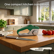 Compact green and silver KniveSmart dial sharpener beside a kitchen knife and tomatoes