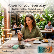 Danoz PowerSmart hero showing White, Pink, Green and Black compact power banks at a cafe, with Free Postage
