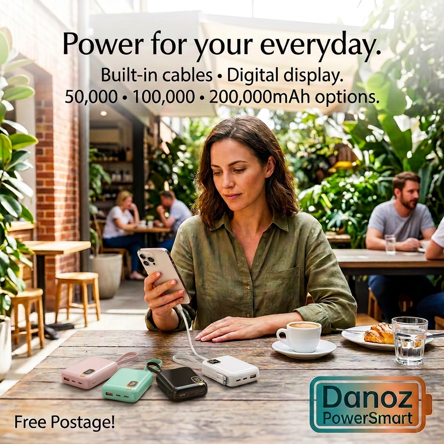 Danoz PowerSmart hero showing White, Pink, Green and Black compact power banks at a cafe, with Free Postage