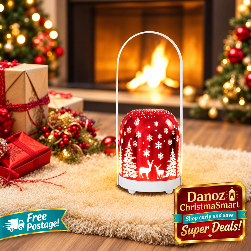 Red Christmas lantern beside a festive fireplace