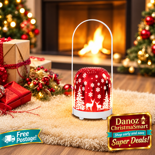 Red Christmas lantern beside a festive fireplace