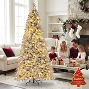 Family wrapping Christmas gifts beside the slim flocked tree