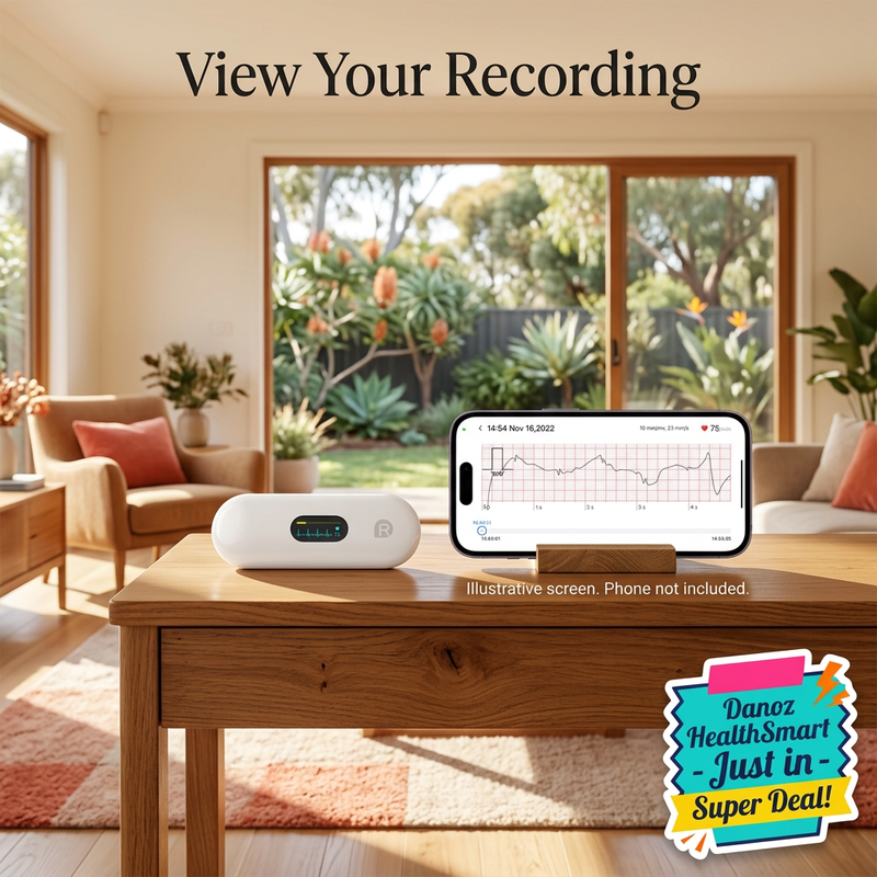 LEPU ECG device and illustrative phone screen in warm living room