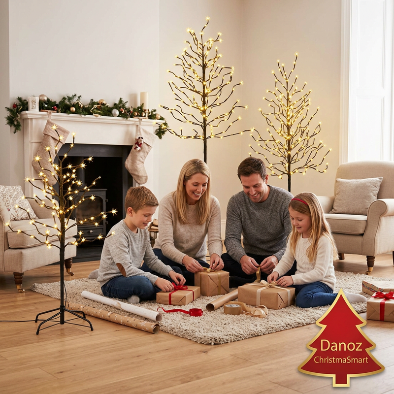 Parents and children wrapping gifts beside the twig tree set