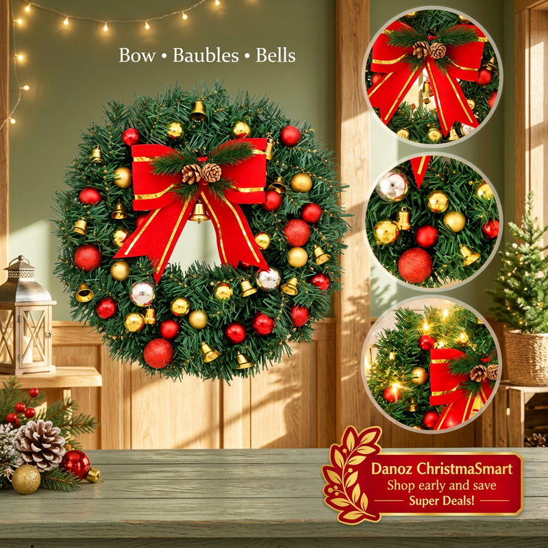 Christmas wreath with three close-up detail insets