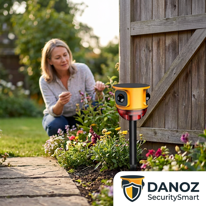 Yellow SecuritySmart alarm on ground stake in sunny garden
