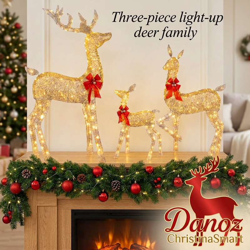 Three-piece gold LED reindeer family on a festive mantel