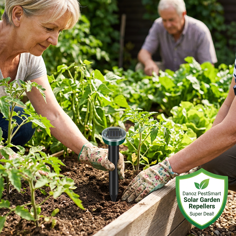 Gardeners placing a Danoz PestSmart solar repeller beside a vegetable bed