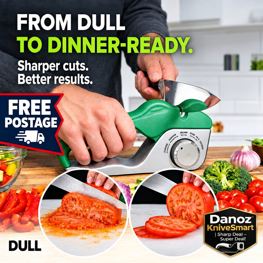 Danoz KniveSmart sharpener with Danoz badge at bottom right