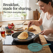 Woman cooking pancakes with a 24cm Danoz CookSmart honeycomb frying pan on induction