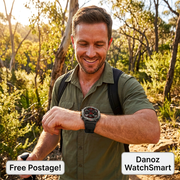 Man wearing Danoz WatchSmart outdoors, vivid sharp photo with Free Postage badge