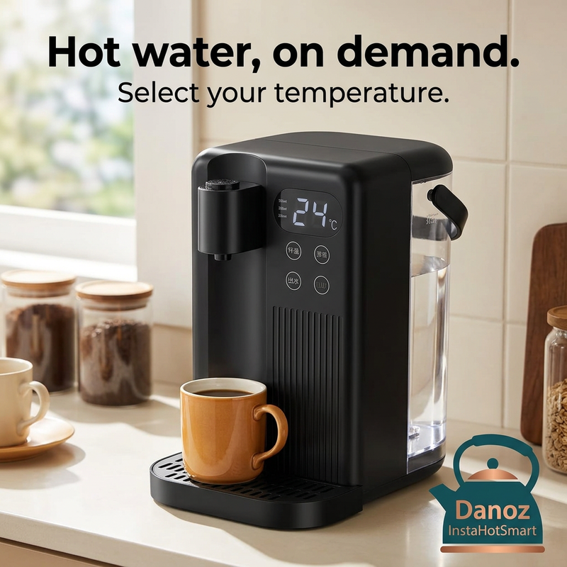 Danoz InstaHotSmart hot water dispenser with digital temperature display on a kitchen bench