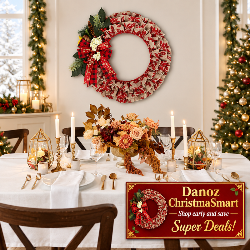 Pleated fabric wreath in Christmas dining room