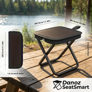PocketStool dimensions: seat 28.5 by 26.5cm, height 23cm, packed pouch 28.5 by 12.5cm