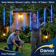 Danoz LightSmart blue solar meteor shower lights with couple installing the eight-tube set and Free Postage