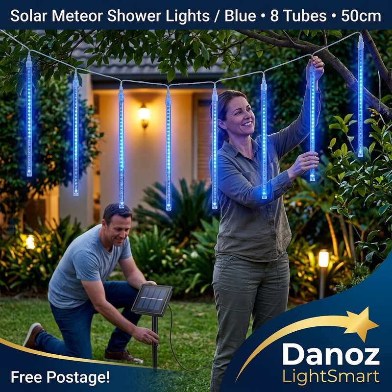 Danoz LightSmart blue solar meteor shower lights with couple installing the eight-tube set and Free Postage