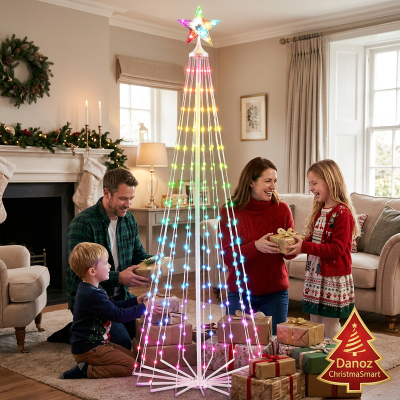 Family exchanging gifts beside RGB light tree