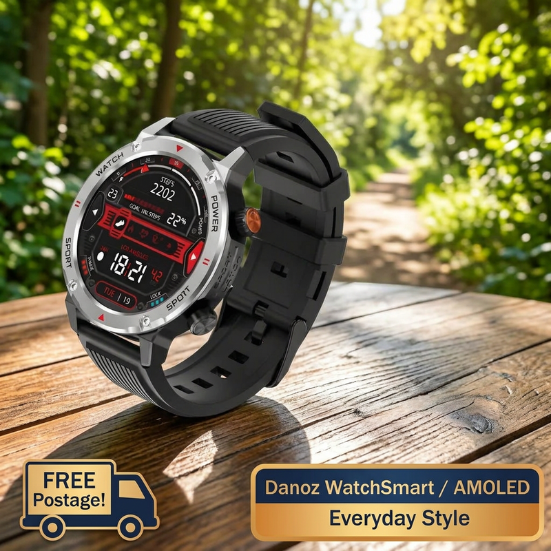 Danoz WatchSmart AMOLED smartwatch on sunny timber table with Free Postage badge