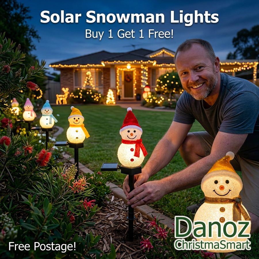 Solar snowman garden lights being installed in a festive garden