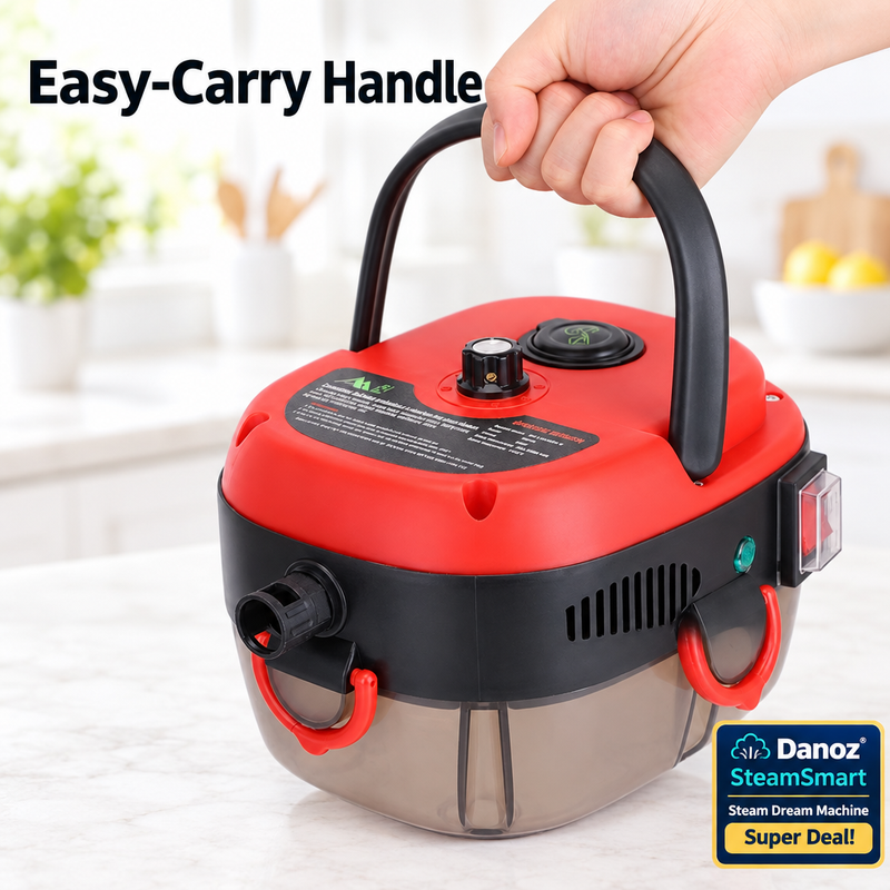 Easy-carry handle on red steam cleaner