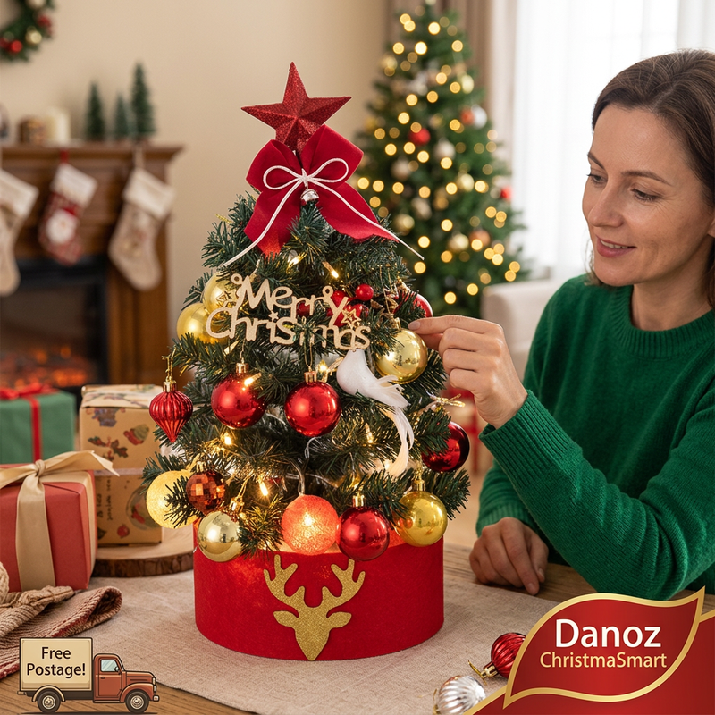 Woman adjusting an ornament on the decorated tabletop Christmas tree