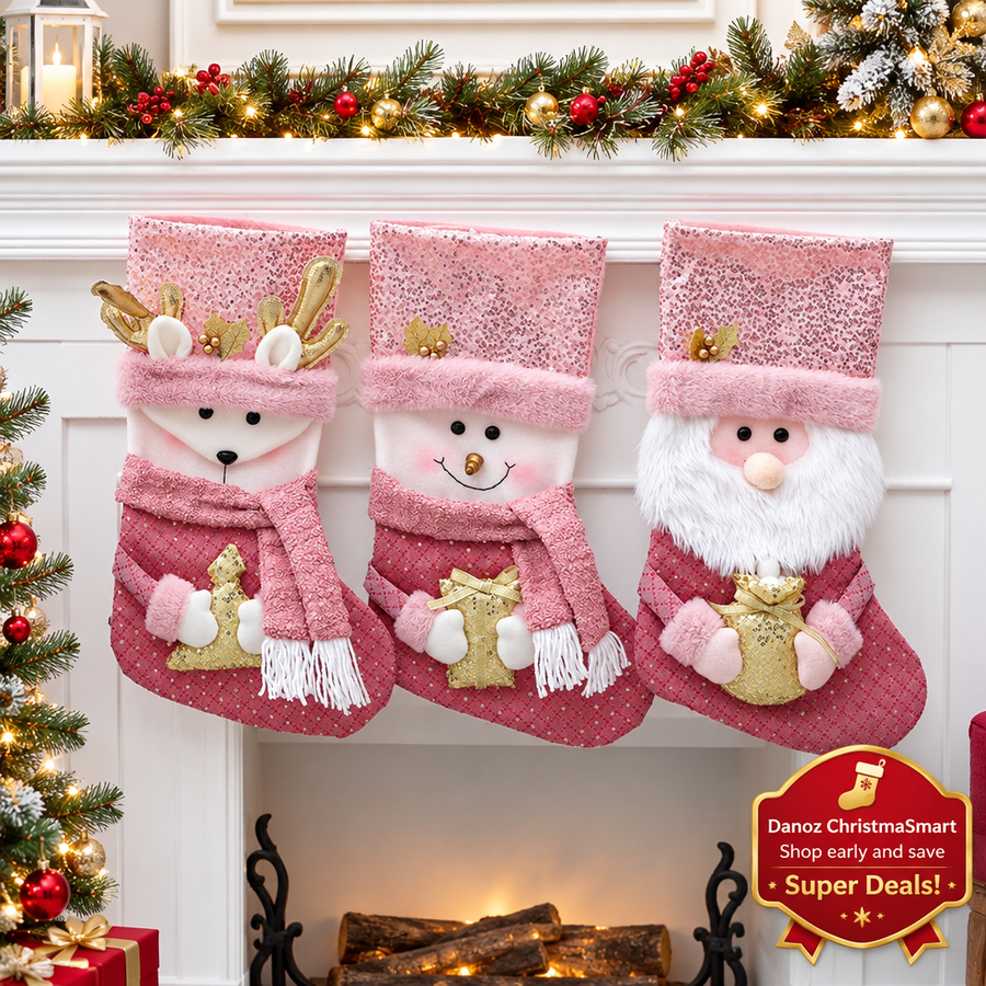 Pink reindeer, snowman and Santa stockings with ChristmaSmart badge