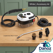 White SteamSmart with hose, angled extension nozzle and three brushes