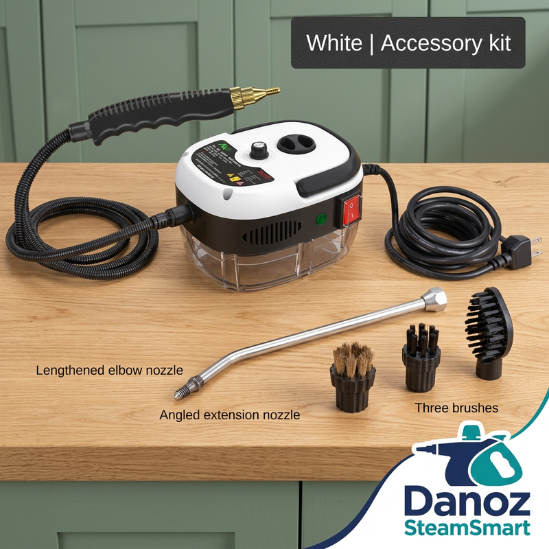 White SteamSmart with hose, angled extension nozzle and three brushes