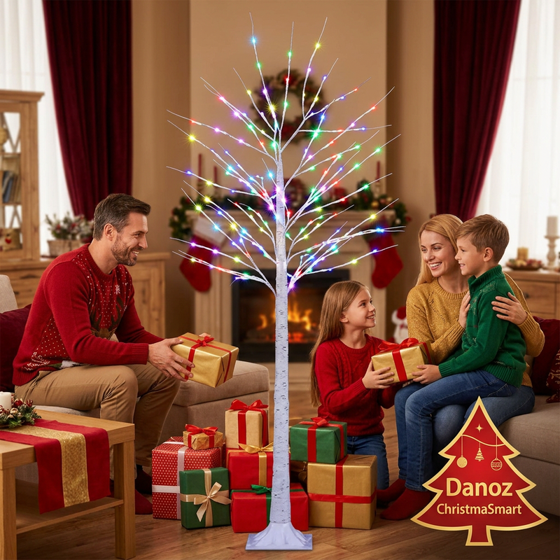 Family exchanging gifts beside white LED twig tree
