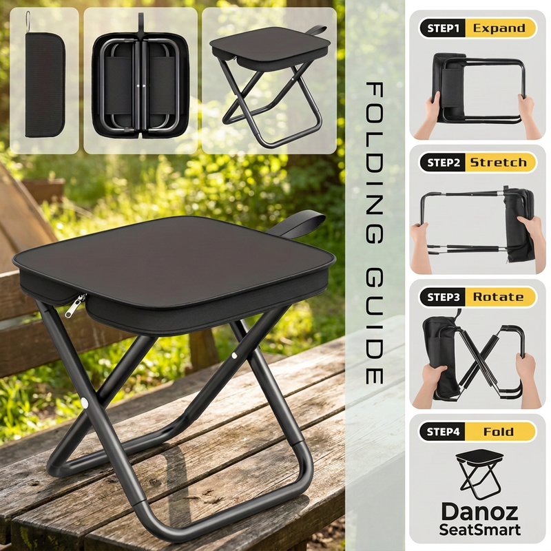 PocketStool four-step folding guide with original product diagrams